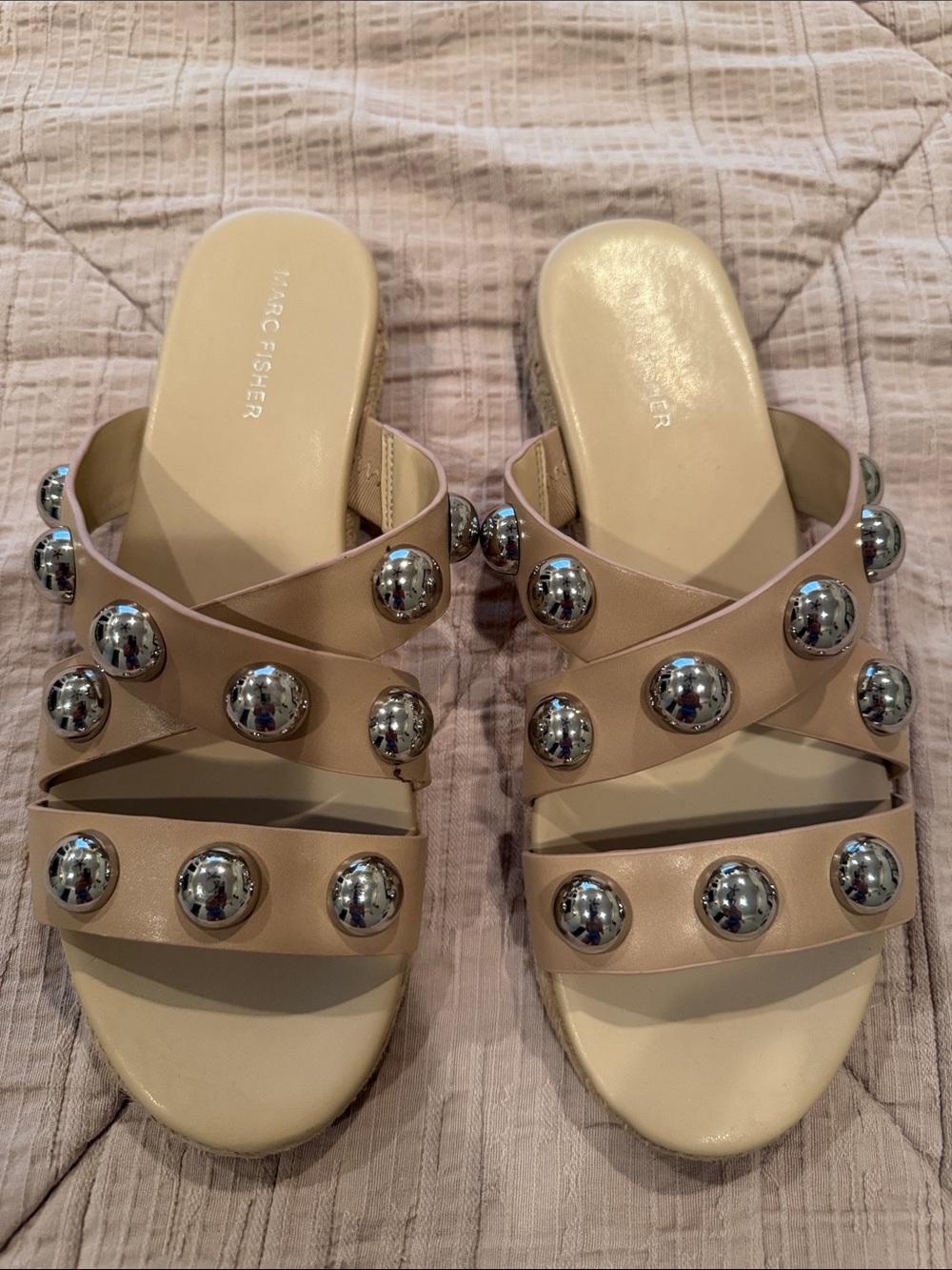 Marc Fisher Beige Studded Crossband Slide Mules